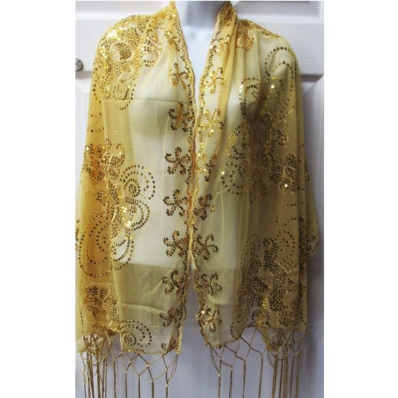Gold Dressy Sequin Sparkle Scarf Shawl Wrap Wedding Bridal Formal Evening Prom - Picture 1 of 3